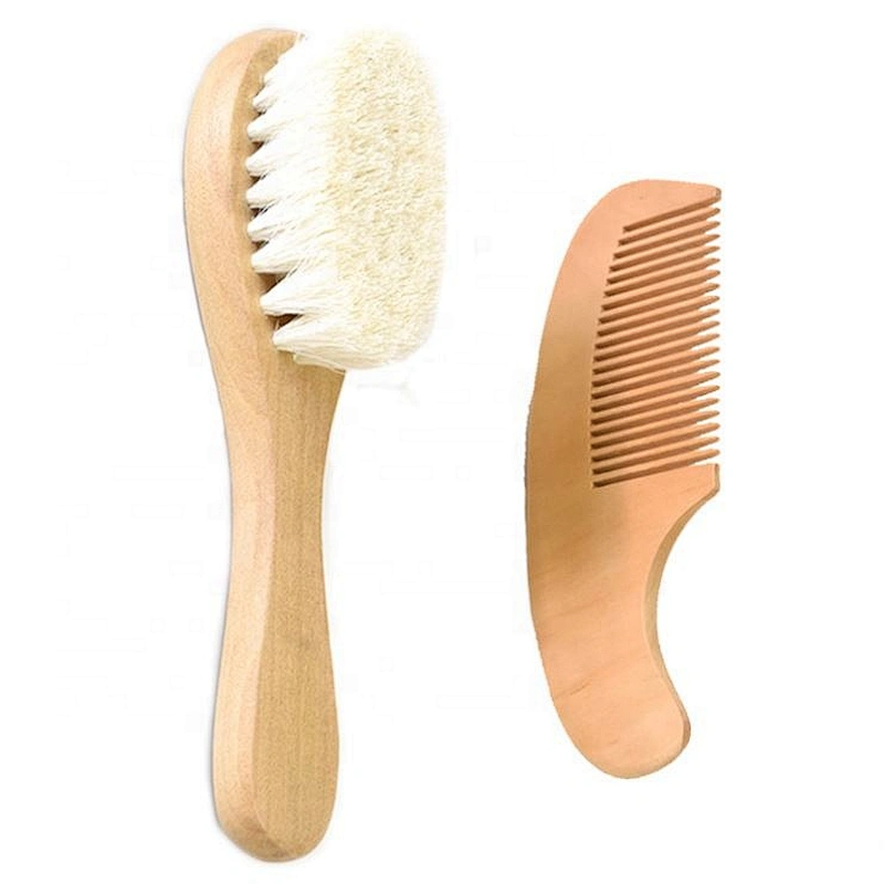 Soft cute wooden handle 100% goat hair brush+small cushion travel baby hair brush