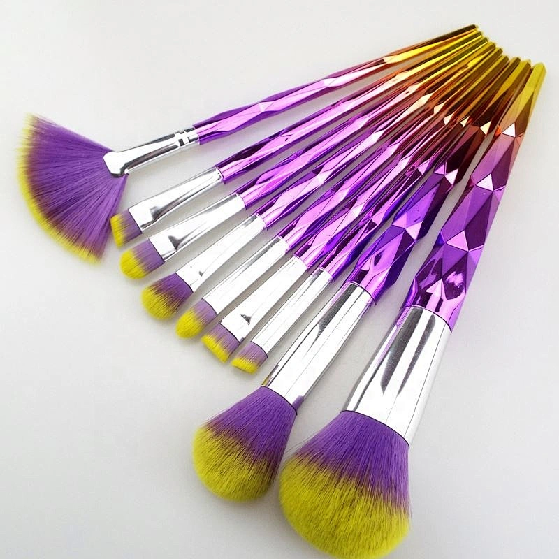 9Pcs Red Glitter Diamond Makeup Brushes Set Foundation Blending Power Rainbow Eyeshadow Brush