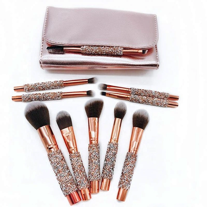 Make Your Own Brand Rose Golden Glitter Up Brushes 10Pcs Shiny Crystal Diamond Makeup Brush Set With Pu Bag