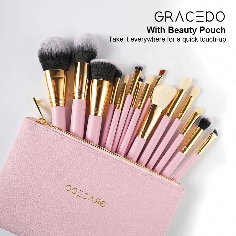 Gracedo 15 Pcs Makeup Brushes Premium Synthetic Foundation Powder Concealer Eye Shadows Brush Set Pink
