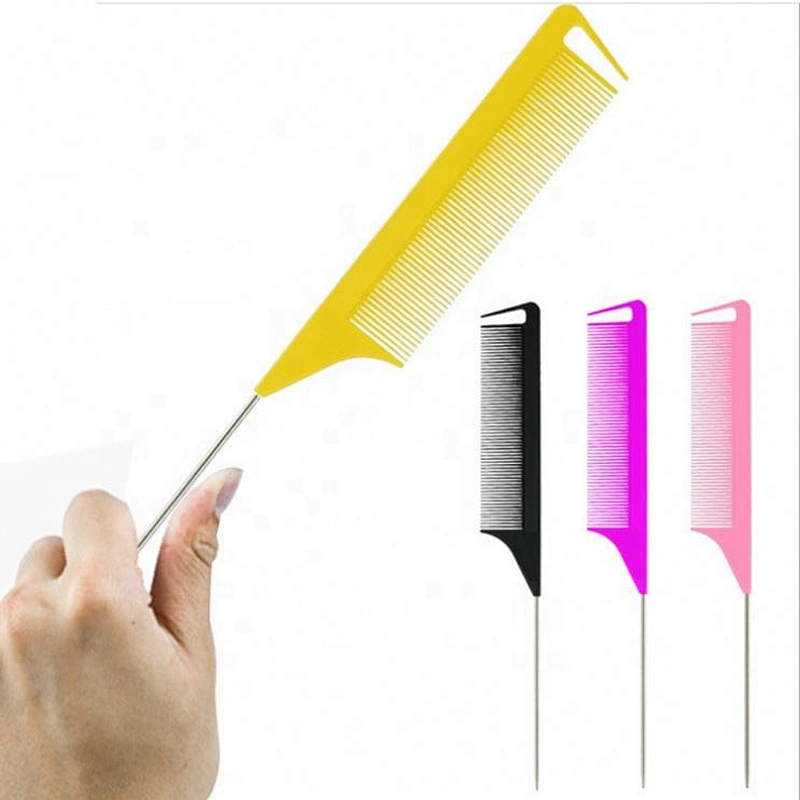 Professional plastic hair styling tool pink heat resistant precision parting metal rat tail comb