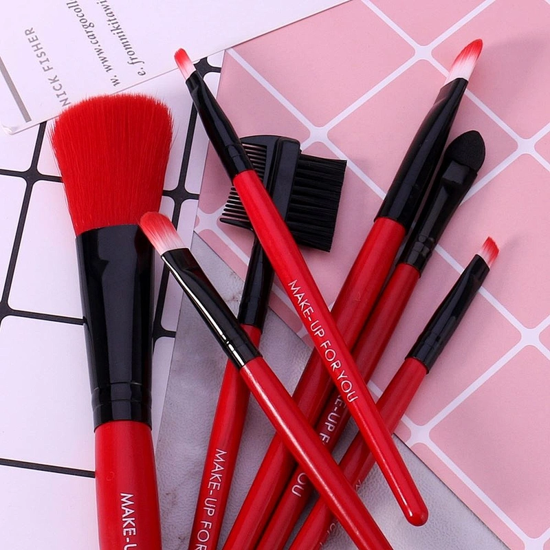 No Logo Red 7Pcs Makeup Brush Set With Cosmetics Bag