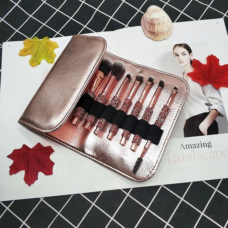Make Your Own Label Rose Golden Glitter Makeup Brushes 10Pcs Shiny Crystal Diamond Foundation Brush Set With PU Bag