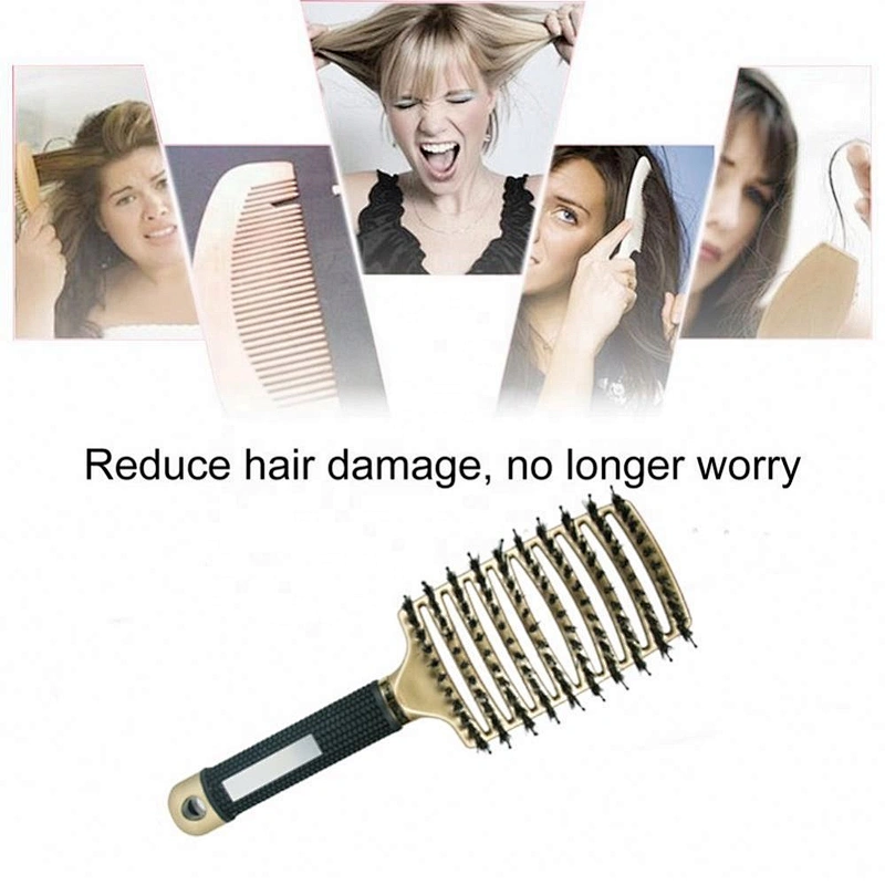 Salon Professional Wig Hard Vented Massage Curved Curly Plastic Gold Boar Bristle Hair Brush Detangle For Men Styling