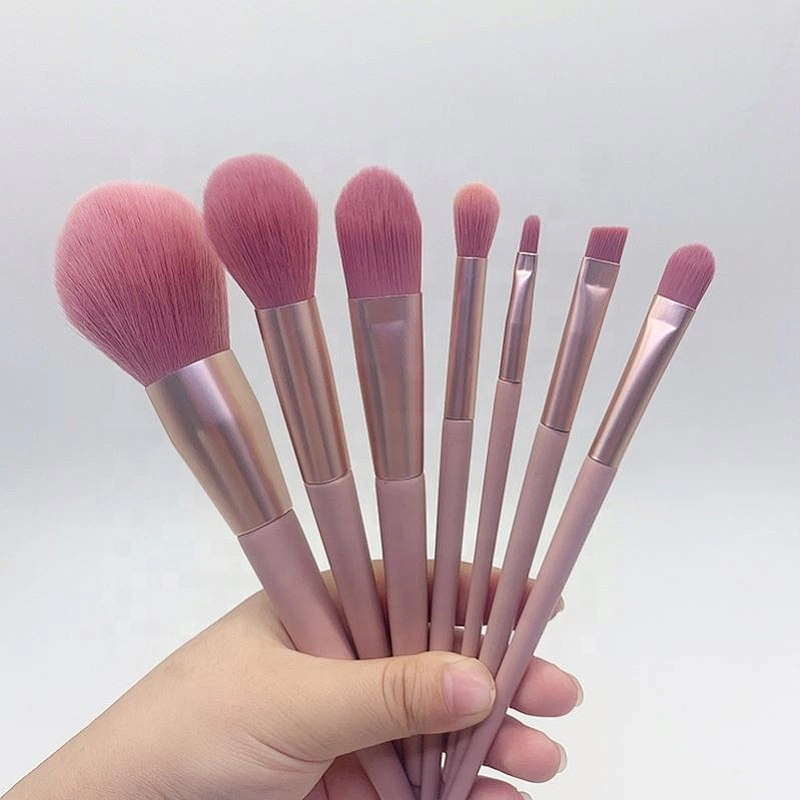 Professional Custom 7Pc Beauty Tools Soft Nylon Hair Wood Handle Pink Cosmetic Brush Kit
