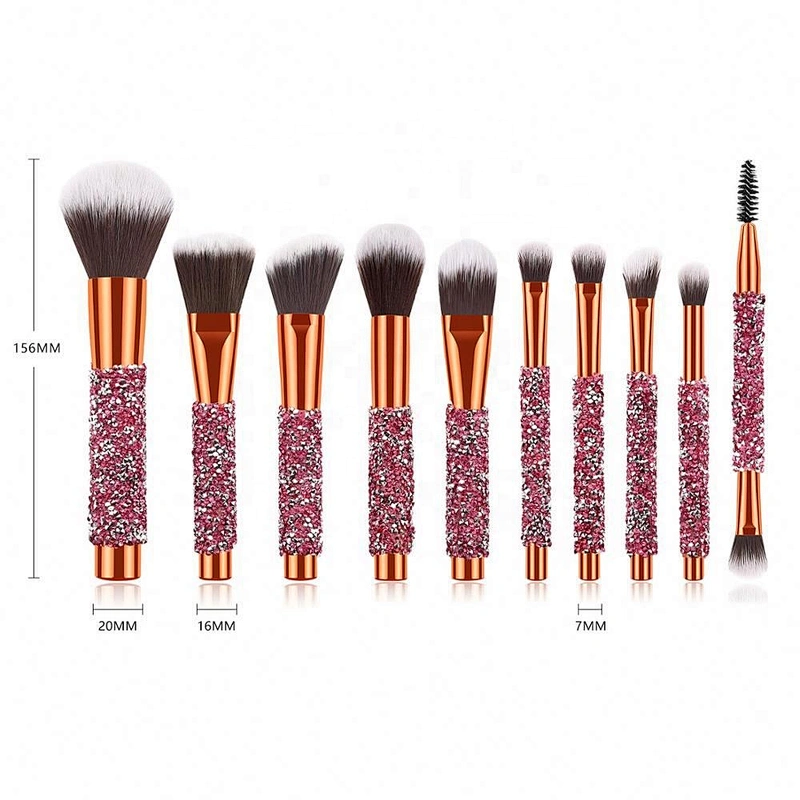 Make Your Own Brand Rose Golden Glitter Up Brushes 10Pcs Shiny Crystal Diamond Makeup Brush Set With Pu Bag
