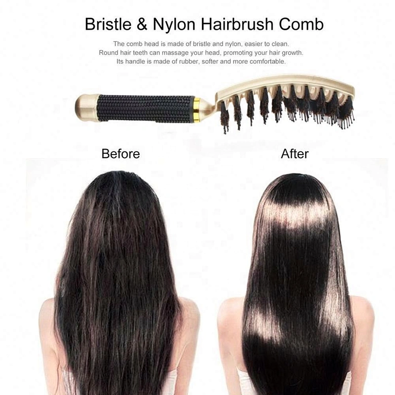 Salon Professional Wig Hard Vented Massage Curved Curly Plastic Gold Boar Bristle Hair Brush Detangle For Men Styling