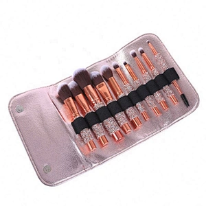Make Your Own Brand Rose Golden Glitter Up Brushes 10Pcs Shiny Crystal Diamond Makeup Brush Set With Pu Bag
