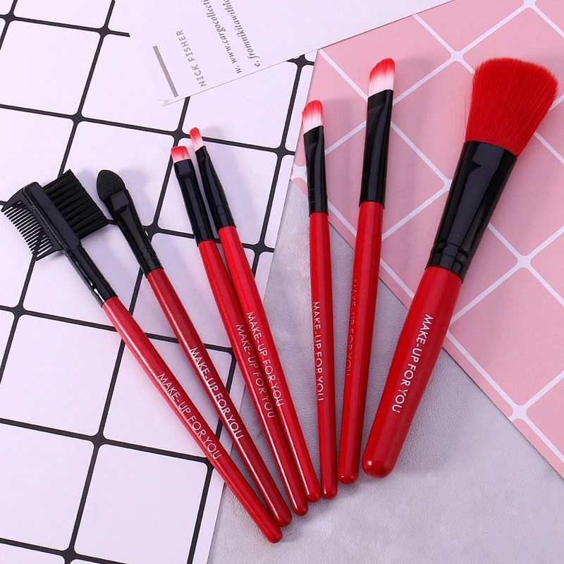 No Logo Red 7Pcs Makeup Brush Set With Cosmetics Bag