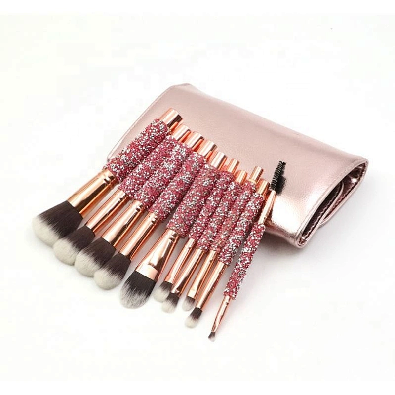 Make Your Own Label Rose Golden Glitter Makeup Brushes 10Pcs Shiny Crystal Diamond Foundation Brush Set