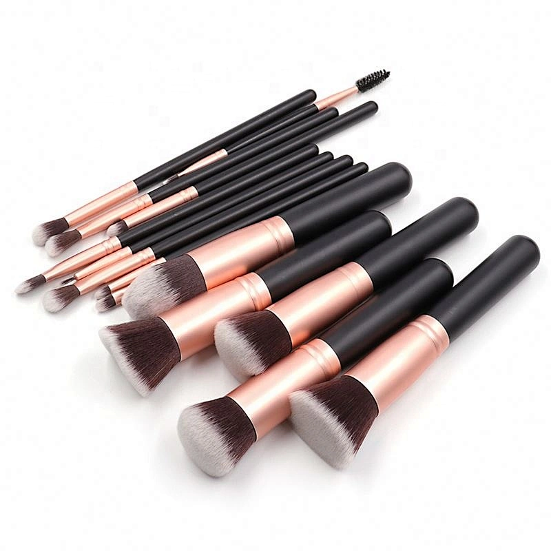 Amazon Hot 14pcs Makeup Private Label Black Foundation Fan Brush Eye Shadow Shaving Brush Flat Brush Face Wood