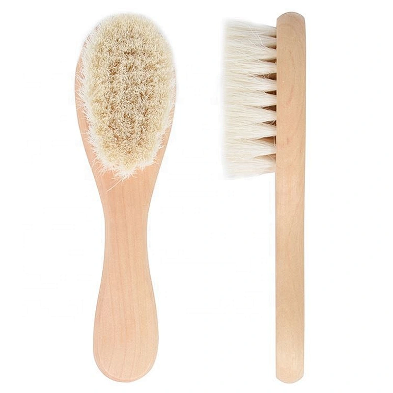 Baby Hair Brush and Comb Set Goat Bristles Infant Hair Helps Prevent Cradle Cap OEM Wooden with Natural Round Vent Wood Compact