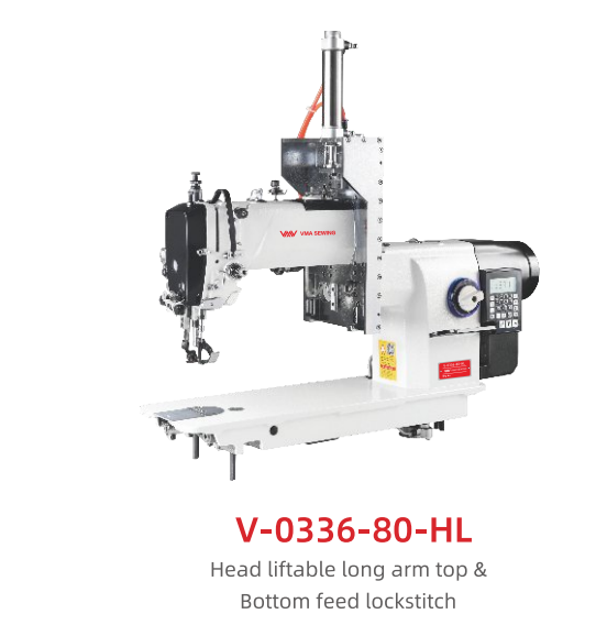 Head liftable long arm top & bottom feed lockstitch machine