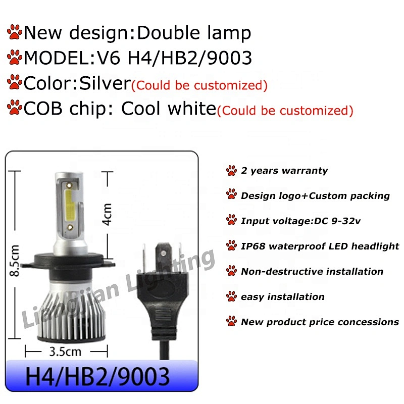 Factory direct V6 LED headlight 9007 9005 9006 H11 H7 car headlight 6000K LED car bulb kit