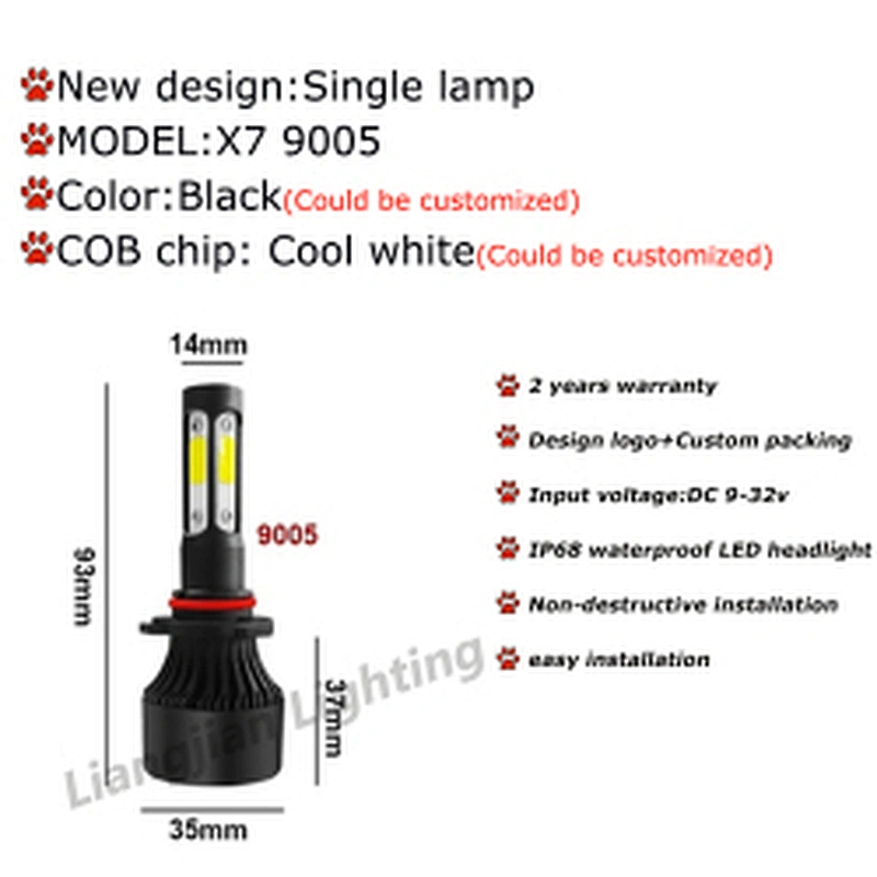 High Quality X7 Led Headlight 4 sides 48W 6500K LED headlight 9005 9006 9012 H11 H7 H4 COB led car bulb