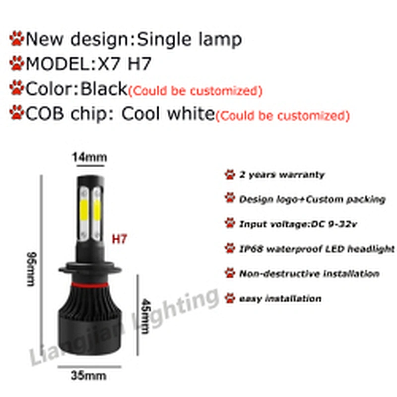 High Quality X7 Led Headlight 4 sides 48W 6500K LED headlight 9005 9006 9012 H11 H7 H4 COB led car bulb