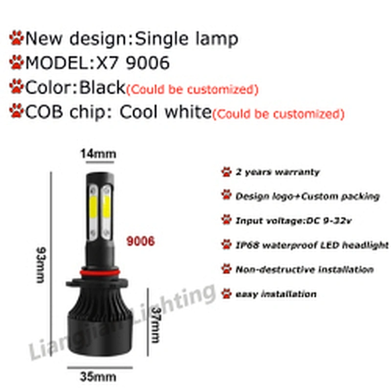 High Quality X7 Led Headlight 4 sides 48W 6500K LED headlight 9005 9006 9012 H11 H7 H4 COB led car bulb