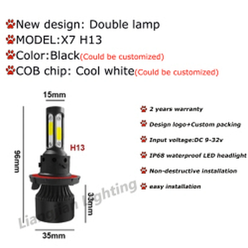 High Quality X7 Led Headlight 4 sides 48W 6500K LED headlight 9005 9006 9012 H11 H7 H4 COB led car bulb