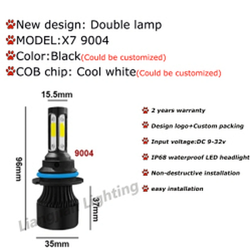 High Quality X7 Led Headlight 4 sides 48W 6500K LED headlight 9005 9006 9012 H11 H7 H4 COB led car bulb