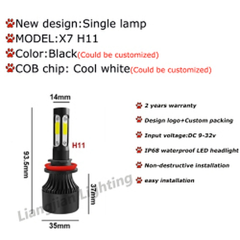 High Quality X7 Led Headlight 4 sides 48W 6500K LED headlight 9005 9006 9012 H11 H7 H4 COB led car bulb