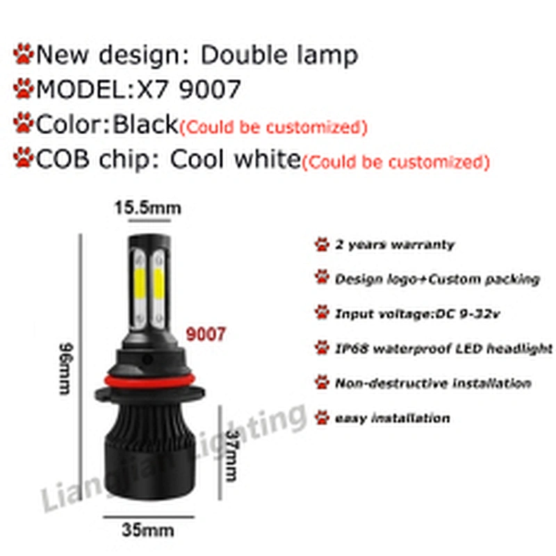 High Quality X7 Led Headlight 4 sides 48W 6500K LED headlight 9005 9006 9012 H11 H7 H4 COB led car bulb