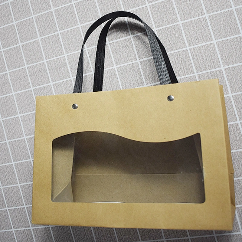 Hot Wholesale Stock Horizontal Brown Kraft Paper Bag With PVC Transparent Window For Packing Gifts