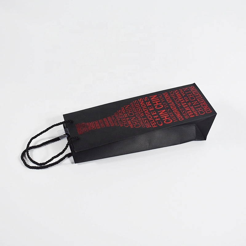 Factory Stock Whole Sales Black Card Bottle Paper Bag With Red Hot Stamping For Packing Wine