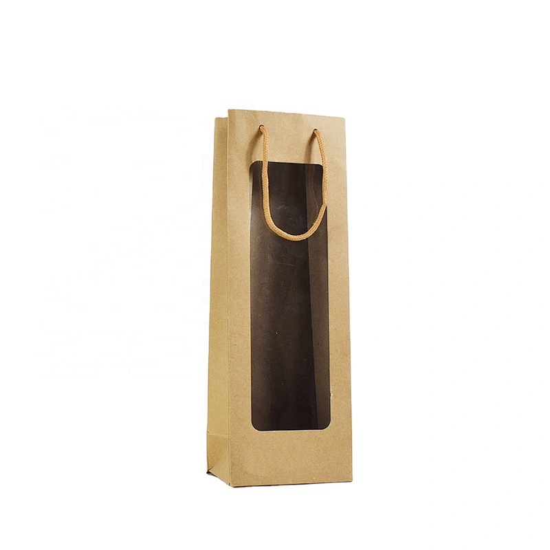 Stock Whole Sales Brown Kraft Paper Bottle Bag With PVC Transparent Window For Packing Wine