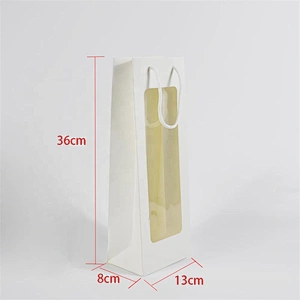 Factory Whole Sales Low Price White Paper Bottle Bag With PVC Transparent Window For Packing Wine
