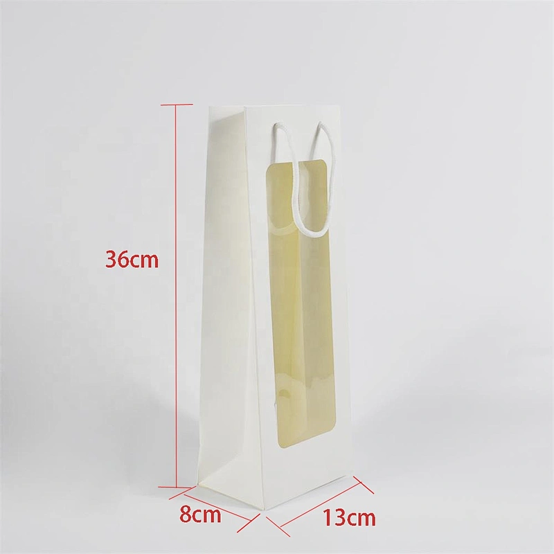 Factory Whole Sales Low Price White Paper Bottle Bag With PVC Transparent Window For Packing Wine