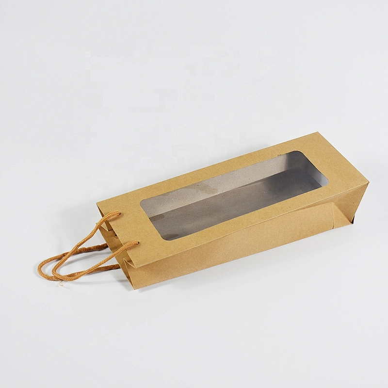 Stock Whole Sales Brown Kraft Paper Bottle Bag With PVC Transparent Window For Packing Wine