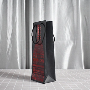 Factory Stock Whole Sales Black Card Bottle Paper Bag With Red Hot Stamping For Packing Wine