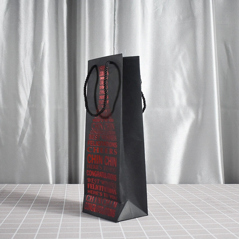 Factory Stock Whole Sales Black Card Bottle Paper Bag With Red Hot Stamping For Packing Wine