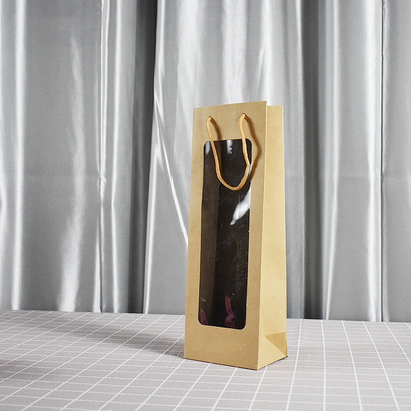 Stock Whole Sales Brown Kraft Paper Bottle Bag With PVC Transparent Window For Packing Wine