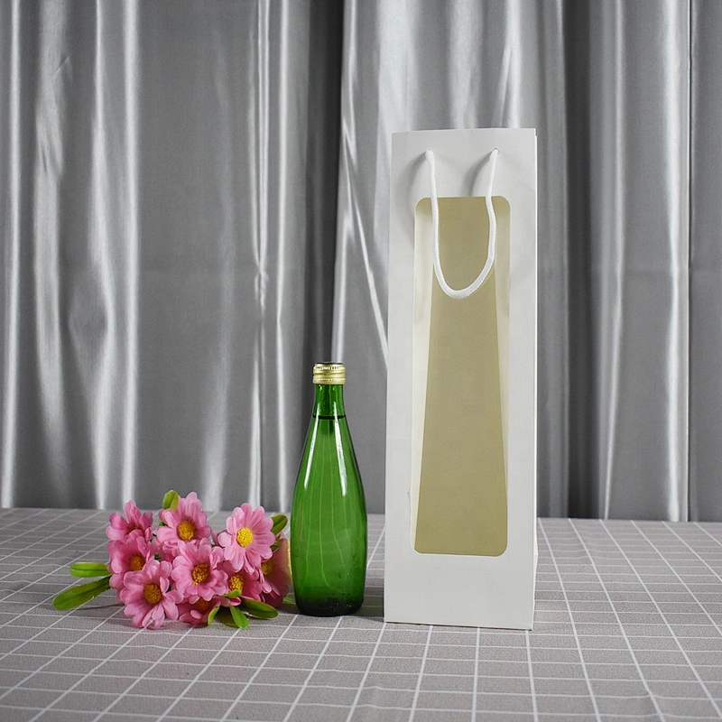 Factory Whole Sales Low Price White Paper Bottle Bag With PVC Transparent Window For Packing Wine