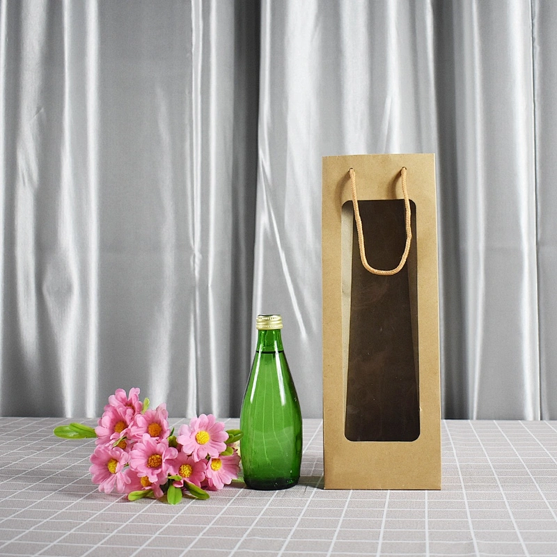Stock Whole Sales Brown Kraft Paper Bottle Bag With PVC Transparent Window For Packing Wine