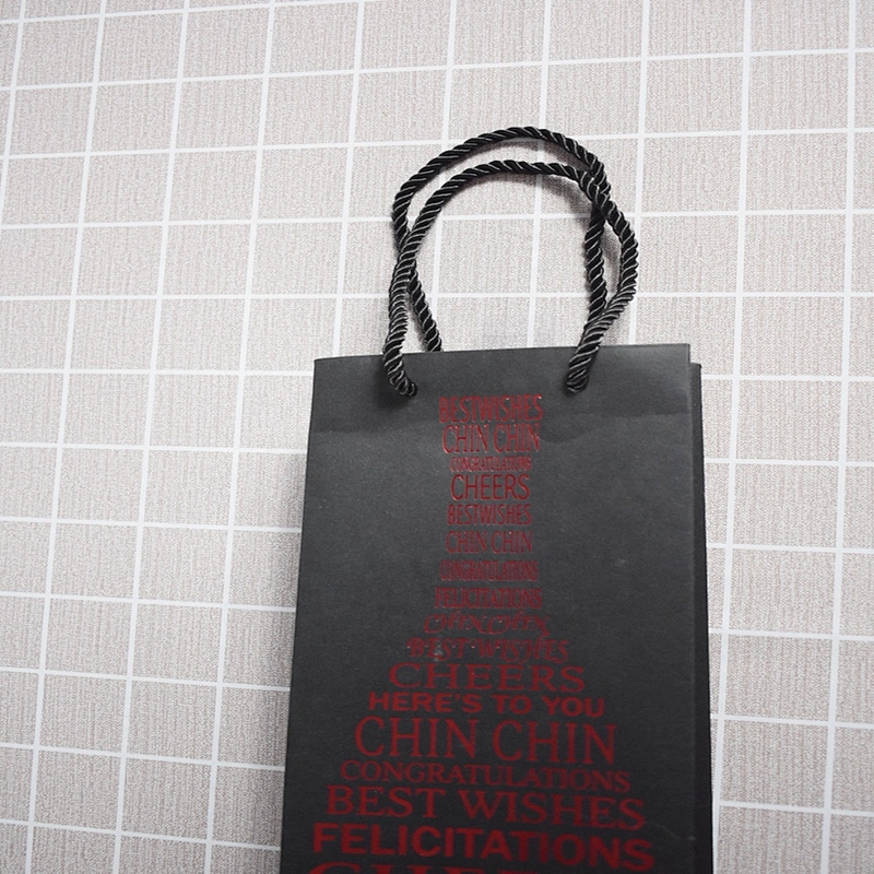 Factory Stock Whole Sales Black Card Bottle Paper Bag With Red Hot Stamping For Packing Wine