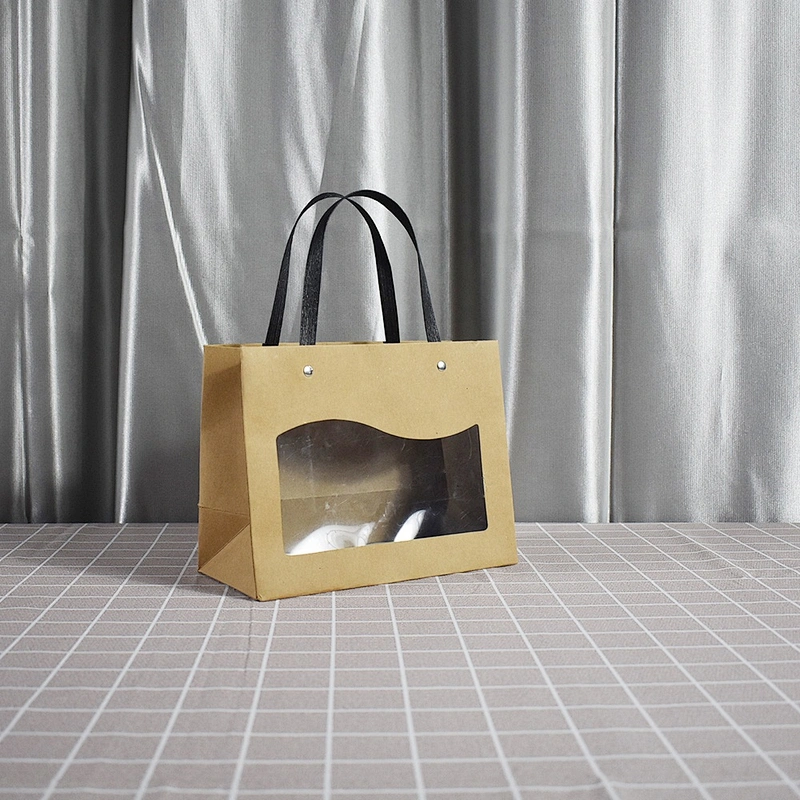 Hot Wholesale Stock Horizontal Brown Kraft Paper Bag With PVC Transparent Window For Packing Gifts
