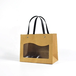 Hot Wholesale Stock Horizontal Brown Kraft Paper Bag With PVC Transparent Window For Packing Gifts