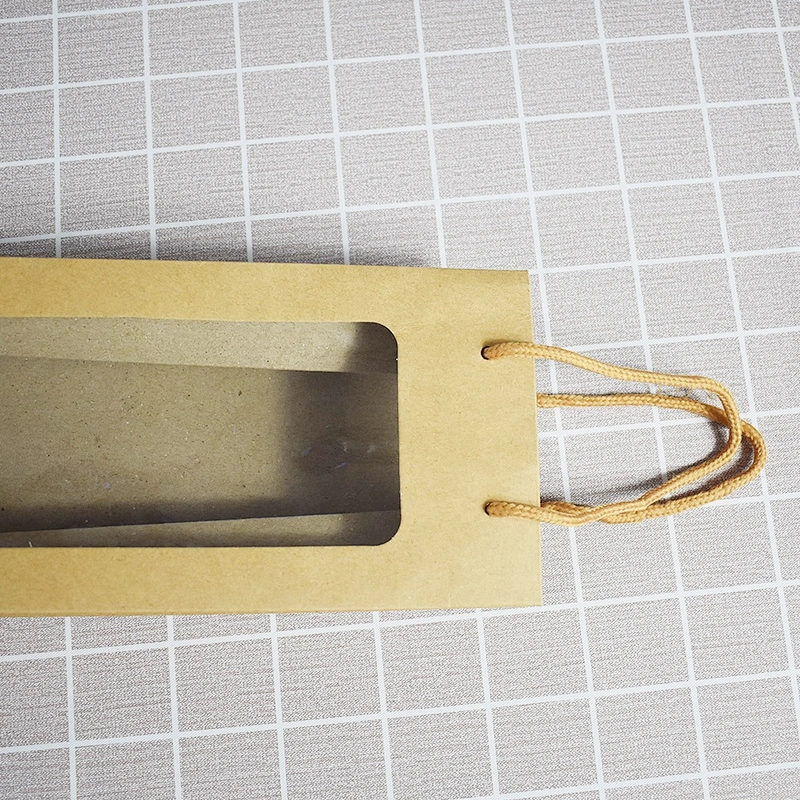 Stock Whole Sales Brown Kraft Paper Bottle Bag With PVC Transparent Window For Packing Wine