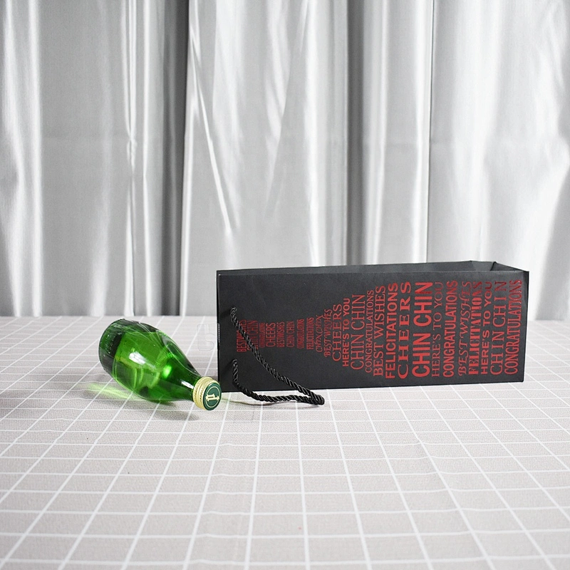 Factory Stock Whole Sales Black Card Bottle Paper Bag With Red Hot Stamping For Packing Wine