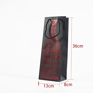 Factory Stock Whole Sales Black Card Bottle Paper Bag With Red Hot Stamping For Packing Wine