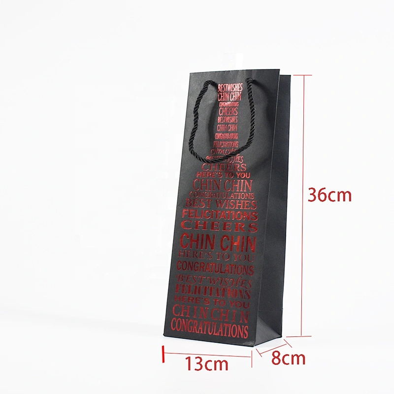 Factory Stock Whole Sales Black Card Bottle Paper Bag With Red Hot Stamping For Packing Wine