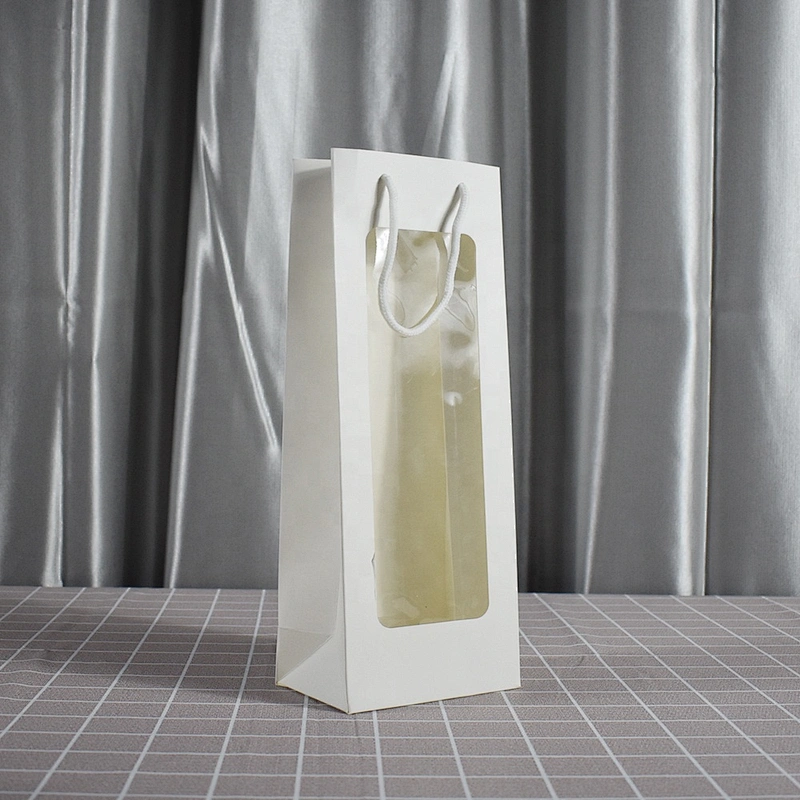 Factory Whole Sales Low Price White Paper Bottle Bag With PVC Transparent Window For Packing Wine