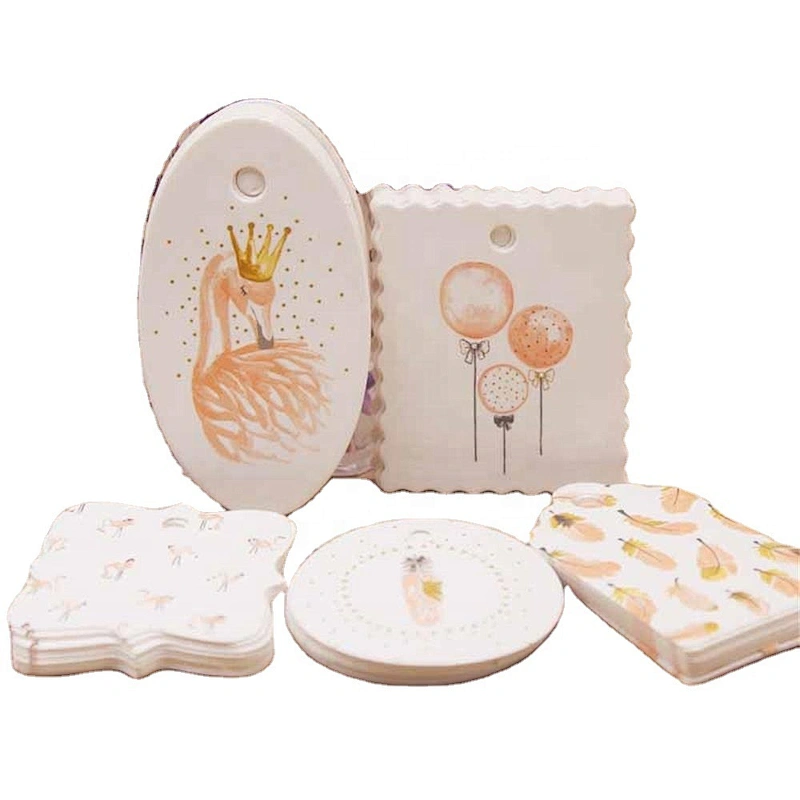 Custom shape gift tags with CMYK printing and gold stamping on white card for packing gifts