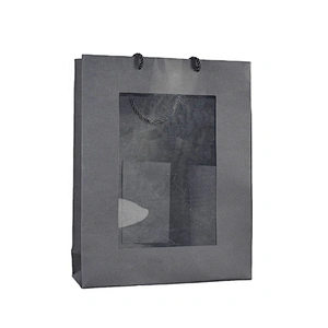 Hot Sales Stock Black Card Paper Bag With Embossing And  PVC Clearly Window For Packing Gifts