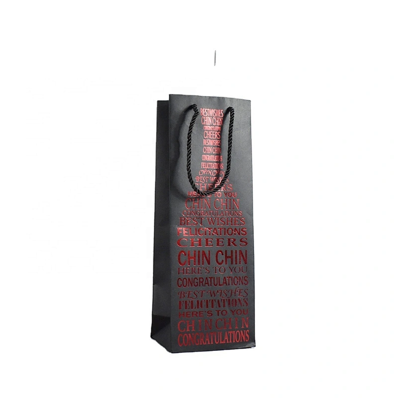 Factory Stock Whole Sales Black Card Bottle Paper Bag With Red Hot Stamping For Packing Wine
