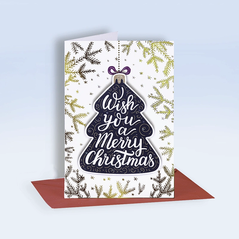 Christmas greeting card with hot stamping and glitter 3D sticker