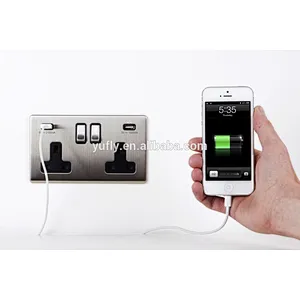 2015 hot sale screwless polished chrome 2 gang 2 port usb charger 13A wall power plug socket