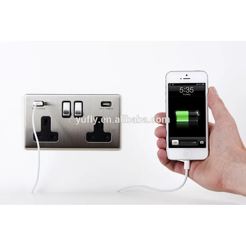 2015 hot sale screwless polished chrome 2 gang 2 port usb charger 13A wall power plug socket